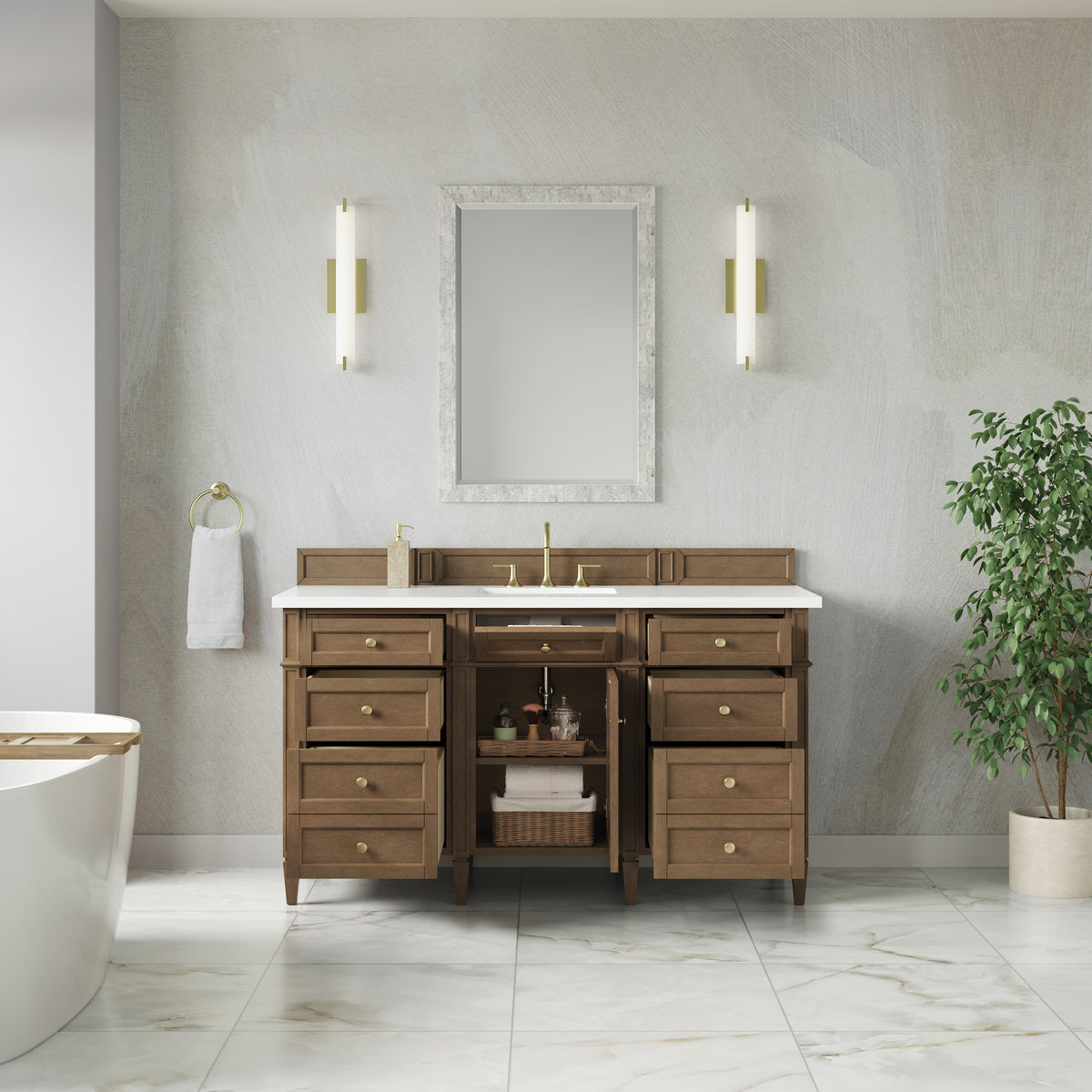 James Martin Vanities Brittany 60" Pecan Single Vanity With 3 CM White Zeus Silestone Top