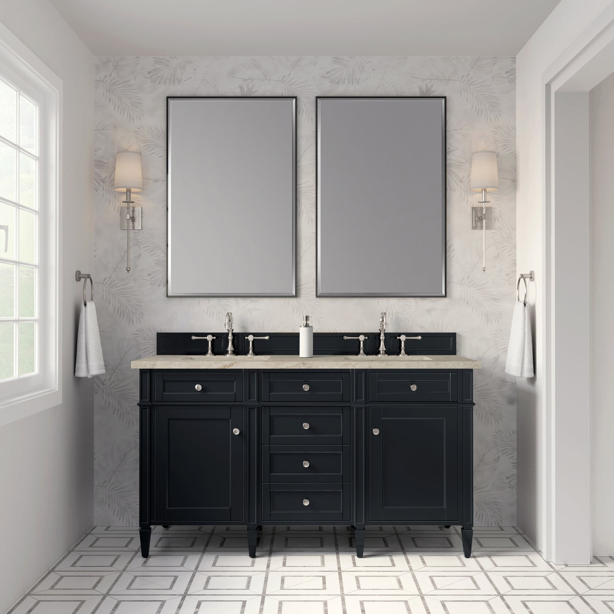 James Martin Vanities Brittany 60" Black Onyx Double Vanity With 3 CM Tajnar Eclos Top and FreePower Wireless Charger