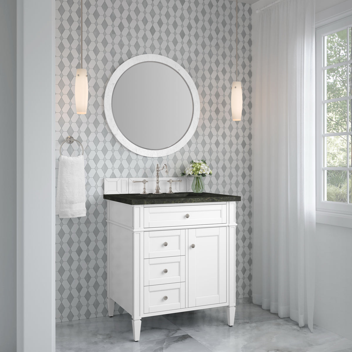 James Martin Vanities Brittany 30" Bright White Single Vanity With 3 CM Phantome Eclos Top
