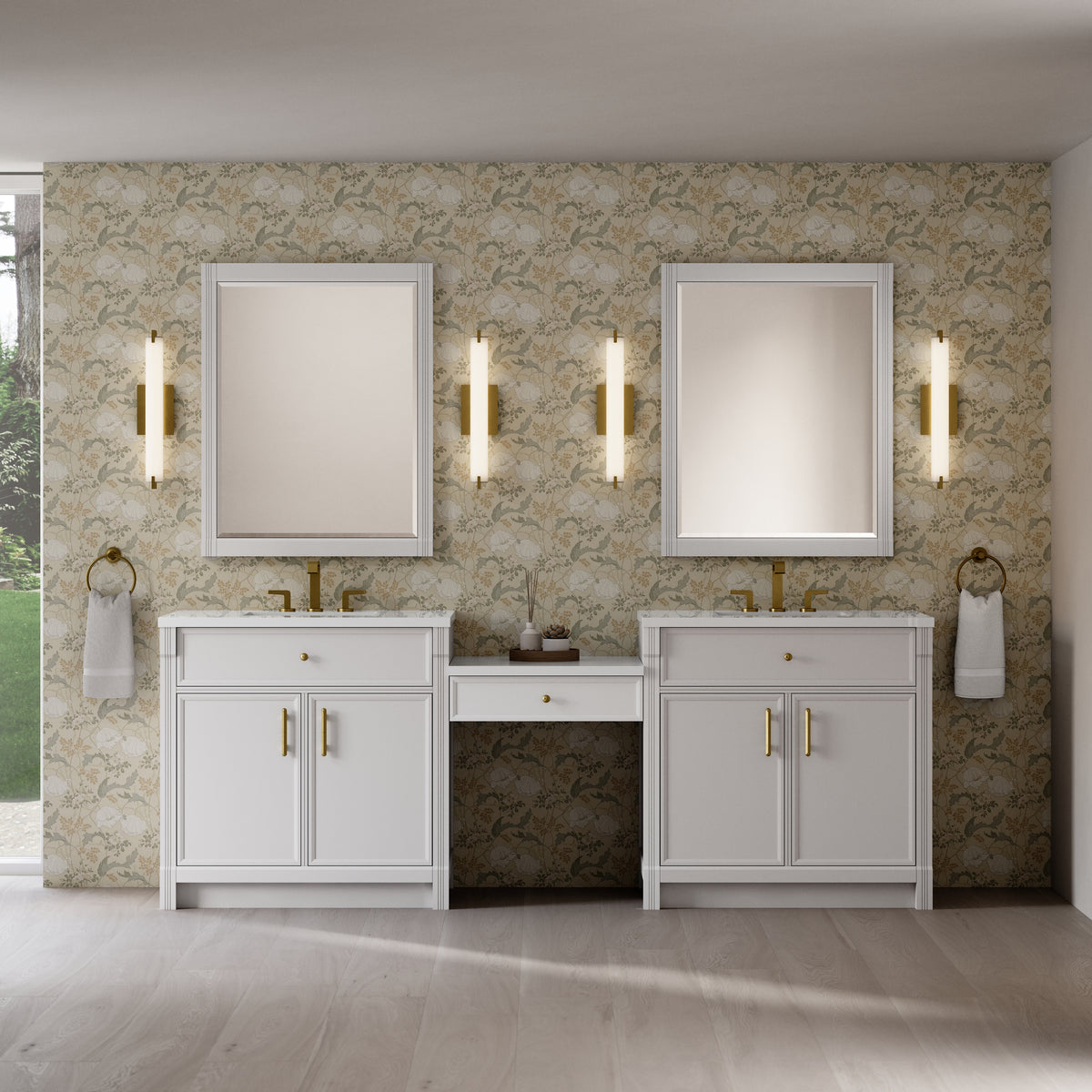 James Martin Vanities Bellshire 96" Bright White Dual Vanity Set With 3 cm White Zeus Silestone Top and 24" Make-Up Counter