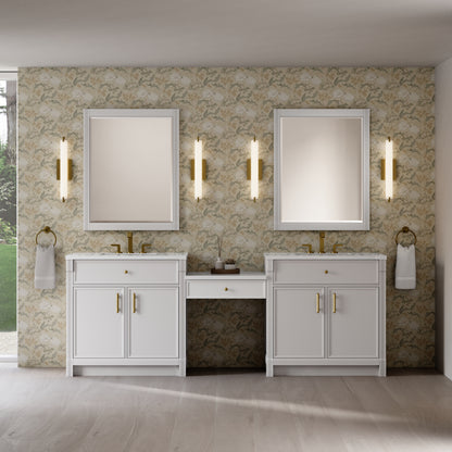 James Martin Vanities Bellshire 96" Bright White Dual Vanity Set With 3 cm White Zeus Silestone Top and 24" Make-Up Counter