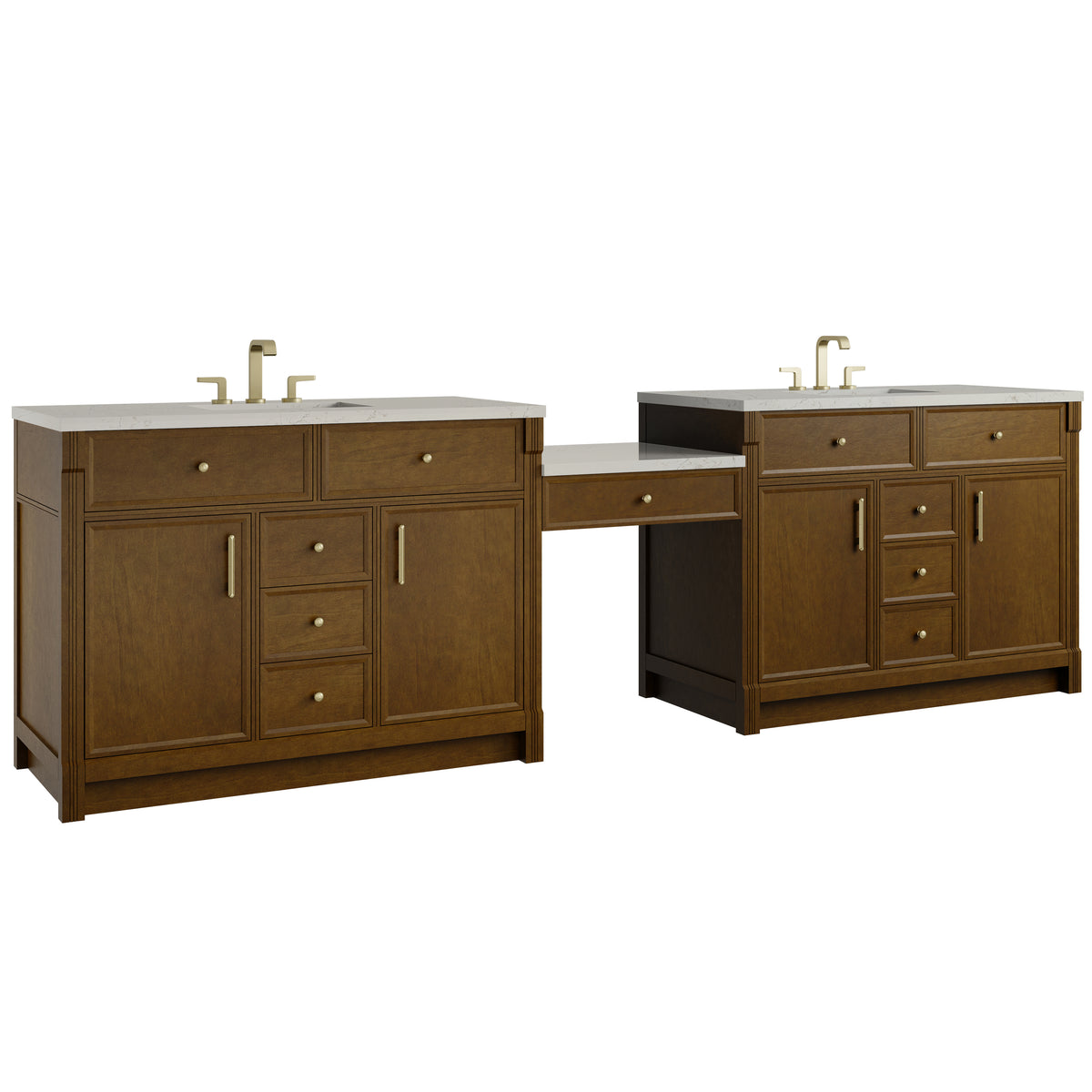 James Martin Vanities Bellshire 120" Honey Oak Dual Vanity Set With 3 cm Siberian Silestone Top and 24" Make-Up Counter