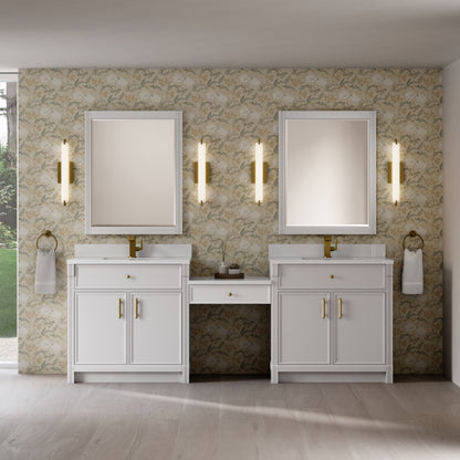 James Martin Vanities Bellshire 96" Bright White Dual Vanity Set With Single Hole 3 cm White Zeus Silestone Top, Backsplash and 24" Make-Up Counter