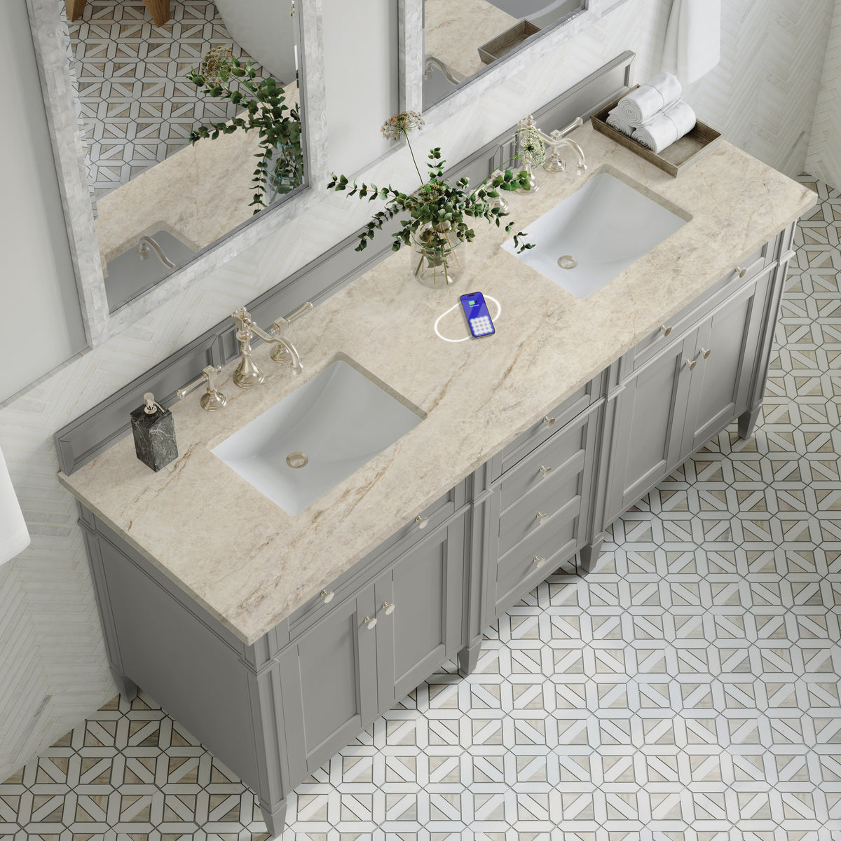 James Martin Vanities Brittany 72" Urban Gray Double Vanity With 3 CM Tajnar Eclos Top and FreePower Wireless Charger