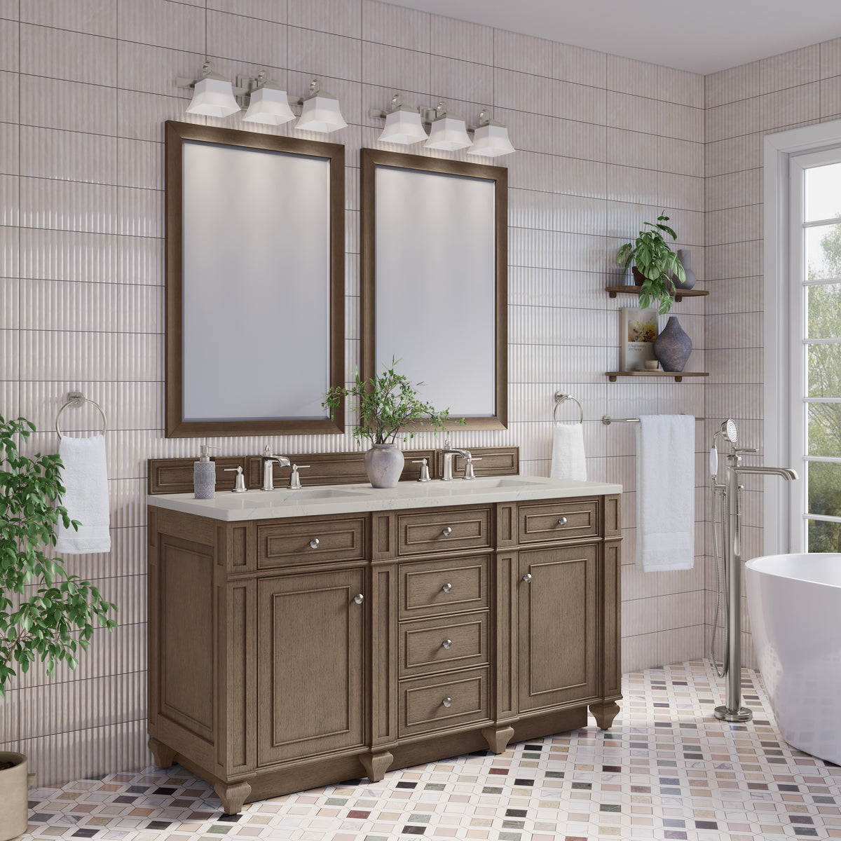 James Martin Vanities Bristol 60" Whitewashed Walnut Double Vanity With 3 CM Siberian Silestone Top and FreePower Wireless Charger