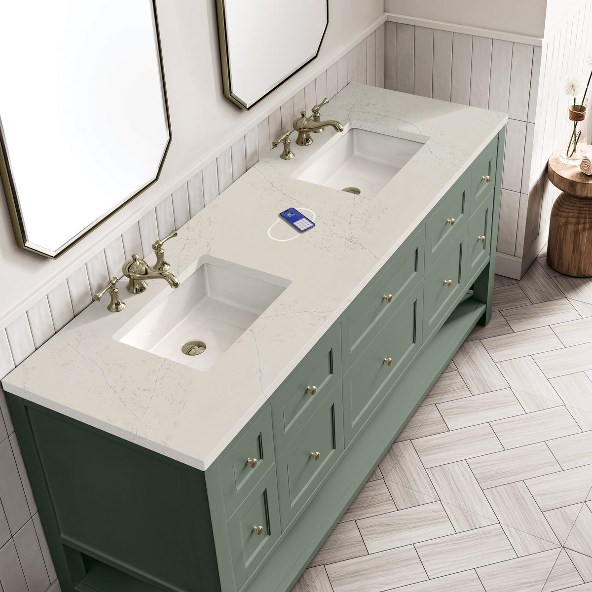 James Martin Vanities Breckenridge 72" Smokey Celadon Double Vanity With 3cm Siberian Silestone Top and FreePower Wireless Charger