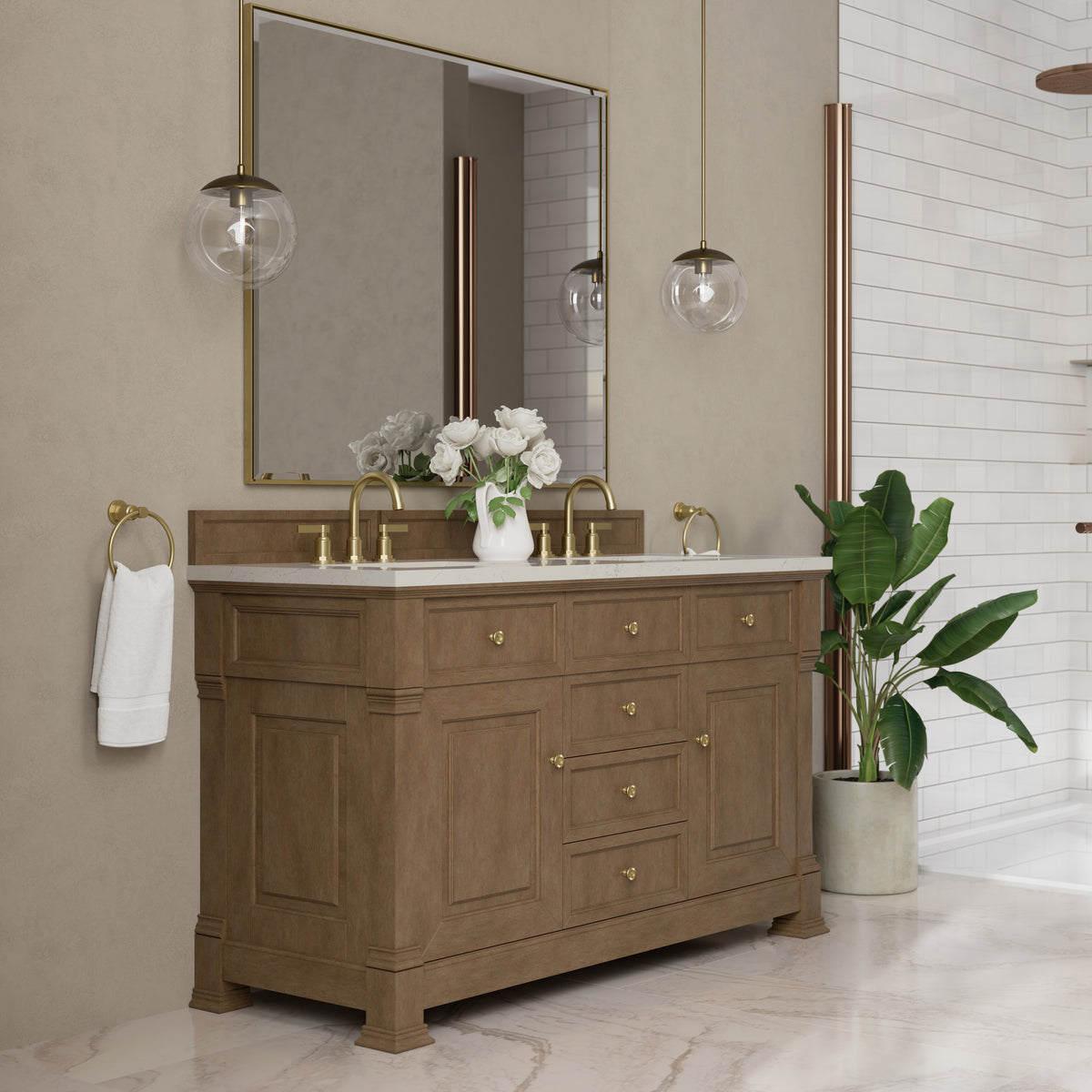 James Martin Vanities Brookfield 60" Pecan Double Vanity With 3 CM Siberian Silestone Top