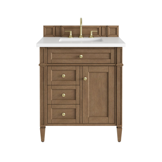 James Martin Vanities Brittany 30" Pecan Single Vanity With 3 CM White Zeus Silestone Top