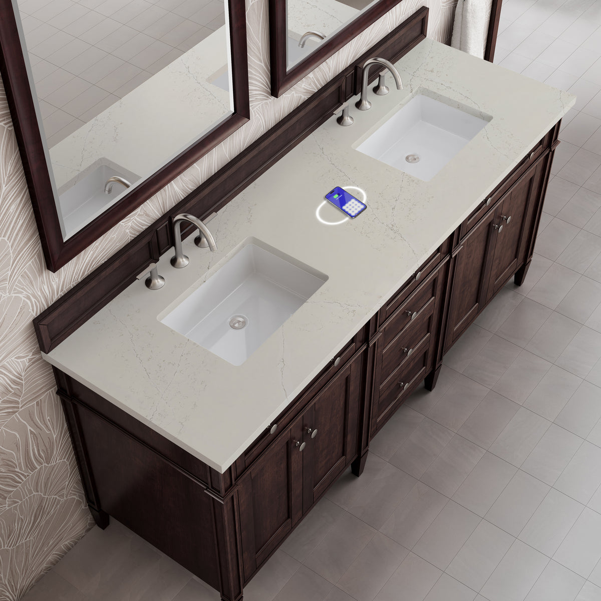 James Martin Vanities Brittany 72" Burnished Mahogany Double Vanity With 3 CM Siberian Silestone Top and FreePower Wireless Charger