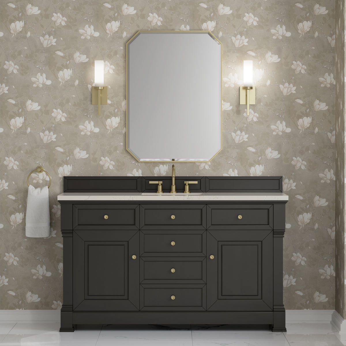 James Martin Vanities Brookfield 60" Black Onyx Single Vanity With 3 CM Siberian Silestone Top and FreePower Wireless Charger