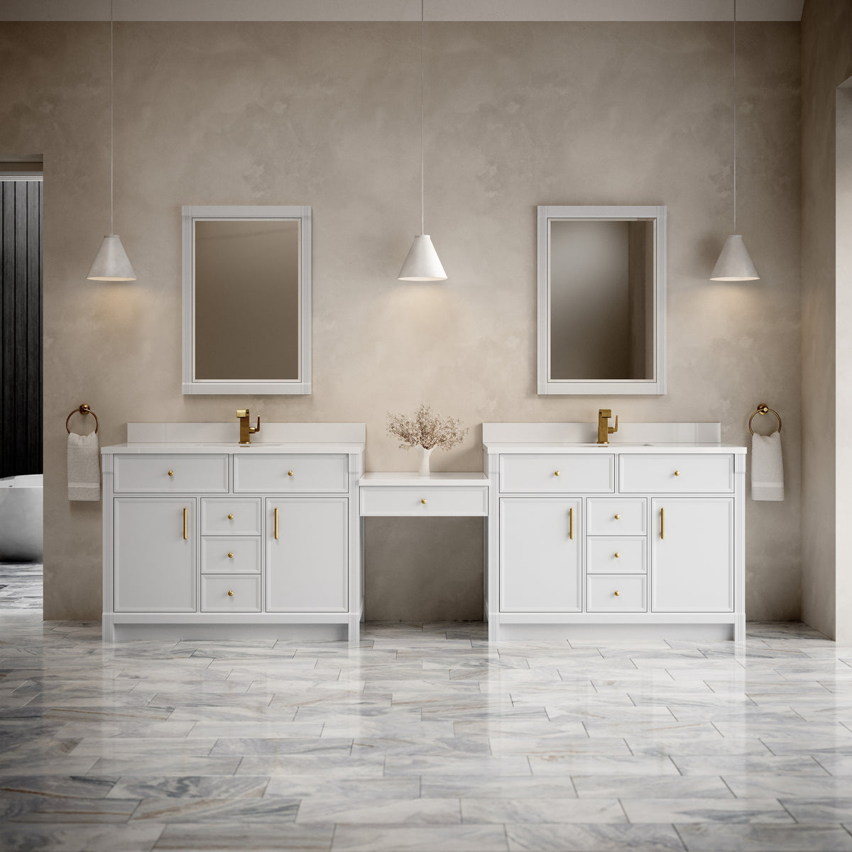 James Martin Vanities Bellshire 120" Bright White Dual Vanity Set With Single Hole 3 cm White Zeus Silestone Top, Backsplash and 24" Make-Up Counter