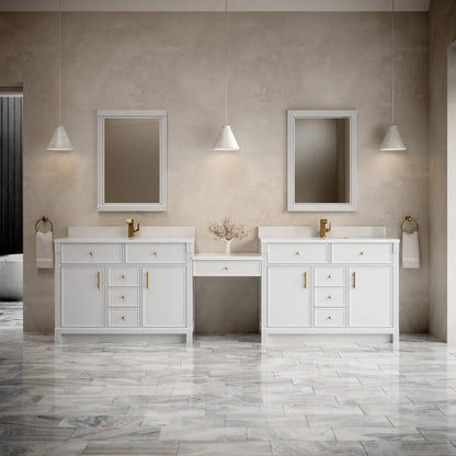 James Martin Vanities Bellshire 120" Bright White Dual Vanity Set With Single Hole 3 cm White Zeus Silestone Top, Backsplash and 24" Make-Up Counter
