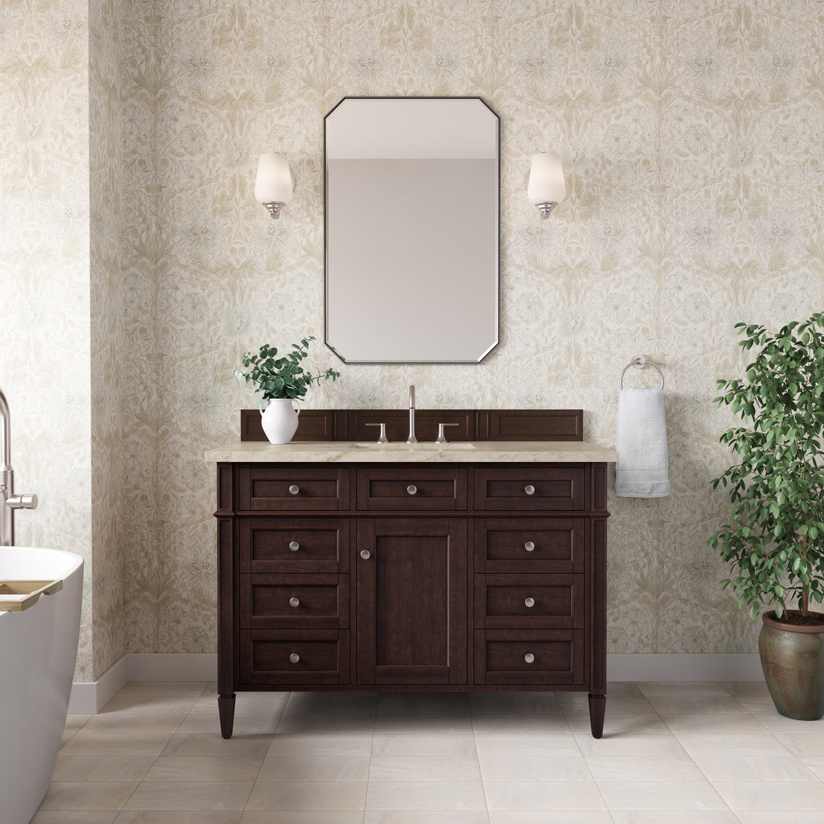 James Martin Vanities Brittany 48" Burnished Mahogany Single Vanity With 3 CM Tajnar Eclos Top and FreePower Wireless Charger