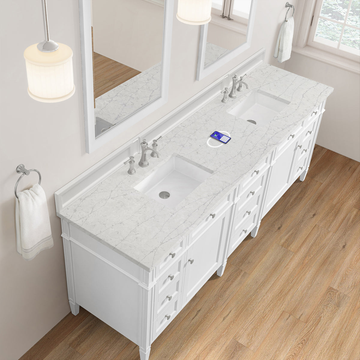 James Martin Vanities Brittany 84" Bright White Double Vanity With 3 CM Eternal Jasmine Pearl Top and FreePower Wireless Charger