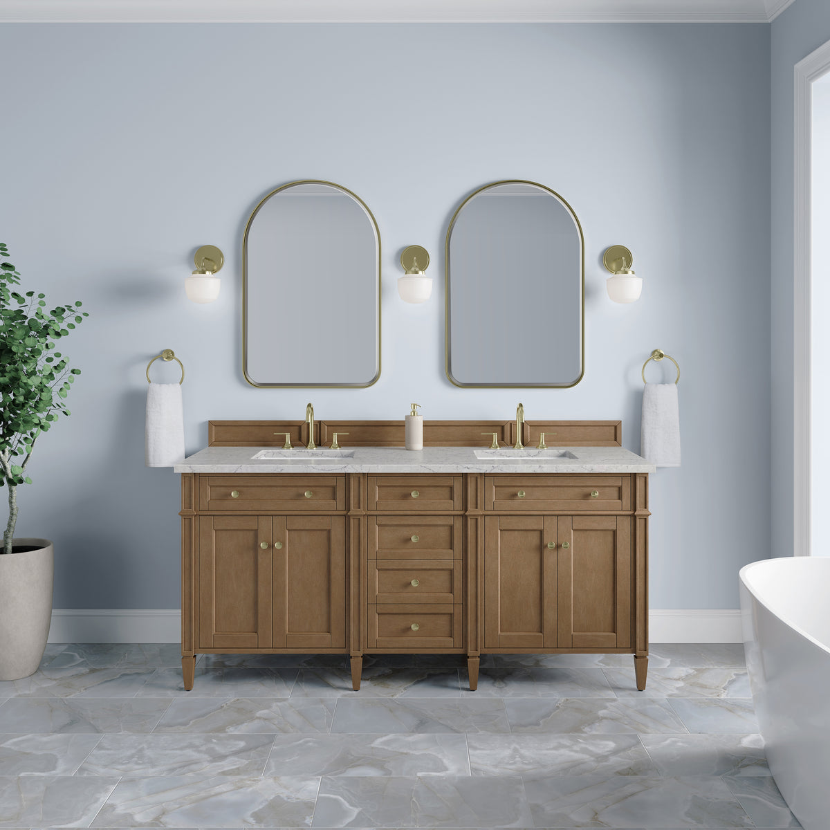 James Martin Vanities Brittany 72" Pecan Double Vanity With 3 CM Eternal Jasmine Pearl Silestone Top