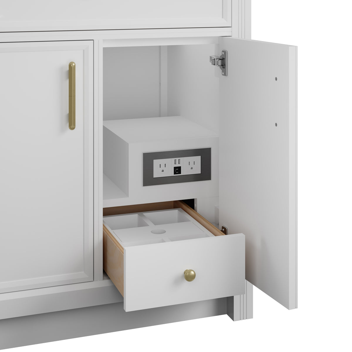 James Martin Vanities Bellshire 84" Bright White Dual Vanity Set With Single Hole 3 cm White Zeus Silestone Top, Backsplash and 24" Make-Up Counter