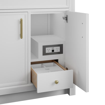 James Martin Vanities Bellshire 84" Bright White Dual Vanity Set With Single Hole 3 cm White Zeus Silestone Top, Backsplash and 24" Make-Up Counter