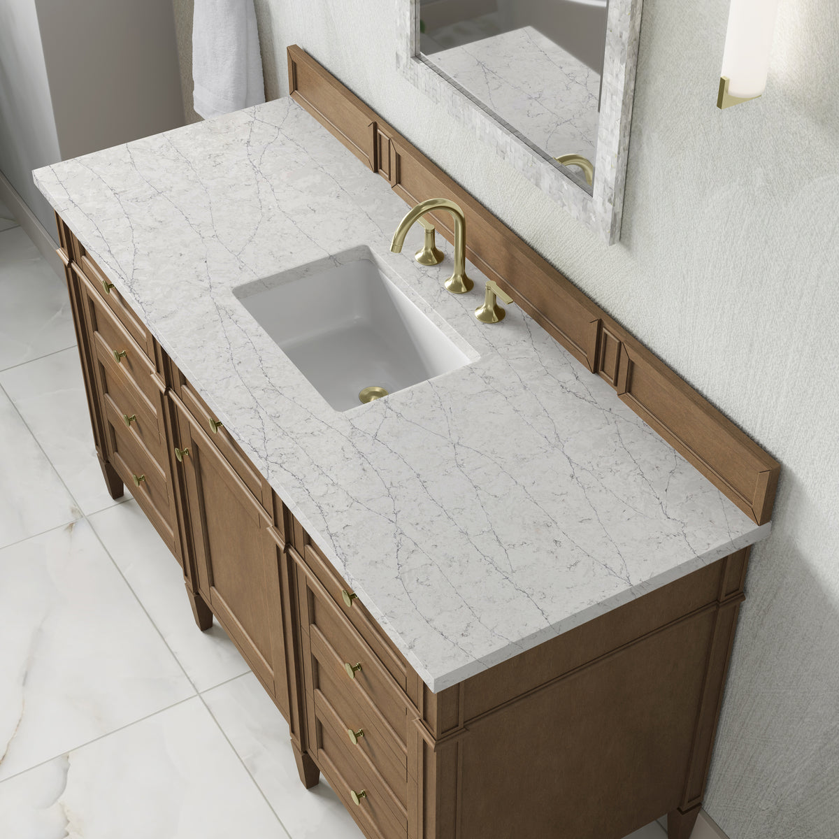 James Martin Vanities Brittany 60" Pecan Single Vanity With 3 CM Eternal Jasmine Pearl Silestone Top