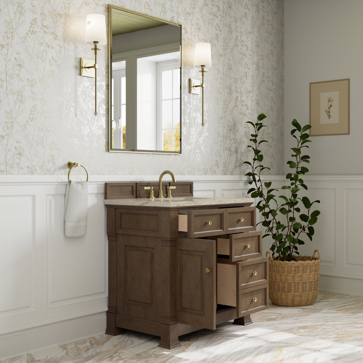 James Martin Vanities Brookfield 36" Pecan Single Vanity With 3 CM Tajnar Eclos Top