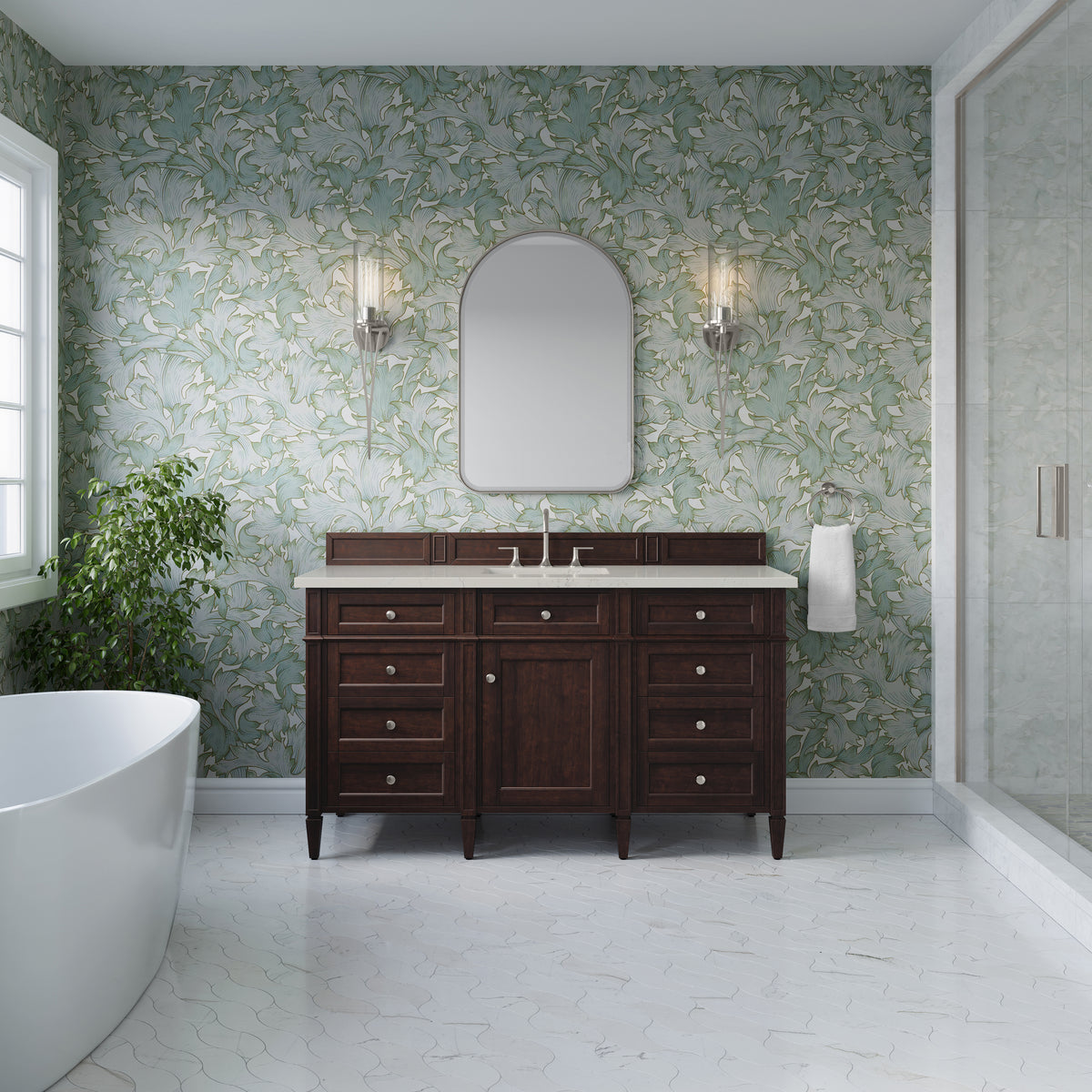 James Martin Vanities Brittany 60" Burnished Mahogany Single Vanity With 3 CM Siberian Silestone Top and FreePower Wireless Charger