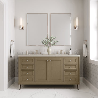 James Martin Vanities Chicago 60" Walnut Whisper Double Vanity With 3 CM Siberian Silestone Top and FreePower Wireless Charger