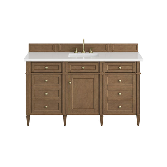 James Martin Vanities Brittany 60" Pecan Single Vanity With 3 CM White Zeus Silestone Top