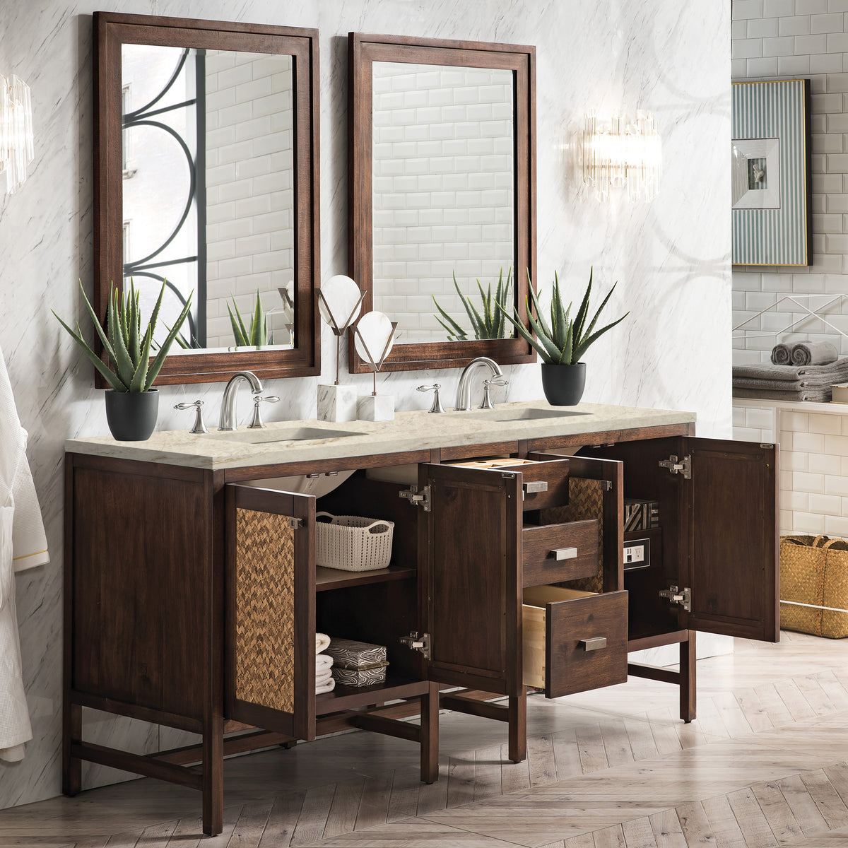 James Martin Vanities Addison 72" Mid-Century Acacia Double Vanity With 3 CM Tajnar Eclos Top