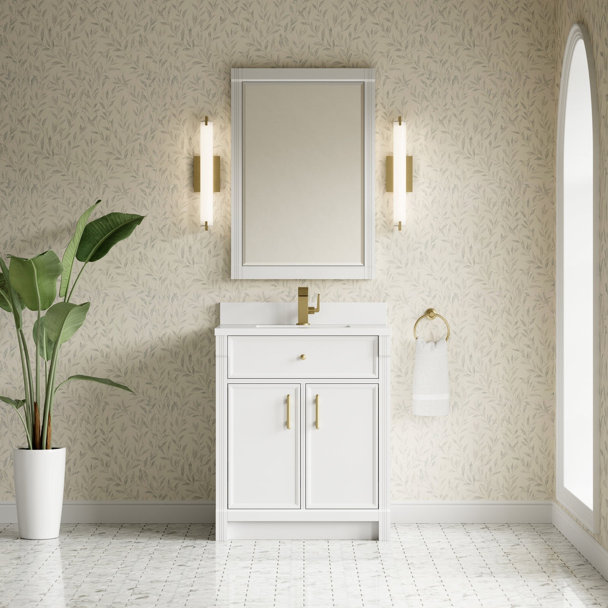 James Martin Vanities Bellshire 30" Bright White Single Vanity With Single Hole 3 CM White Zeus Silestone Top and Matching Backsplash