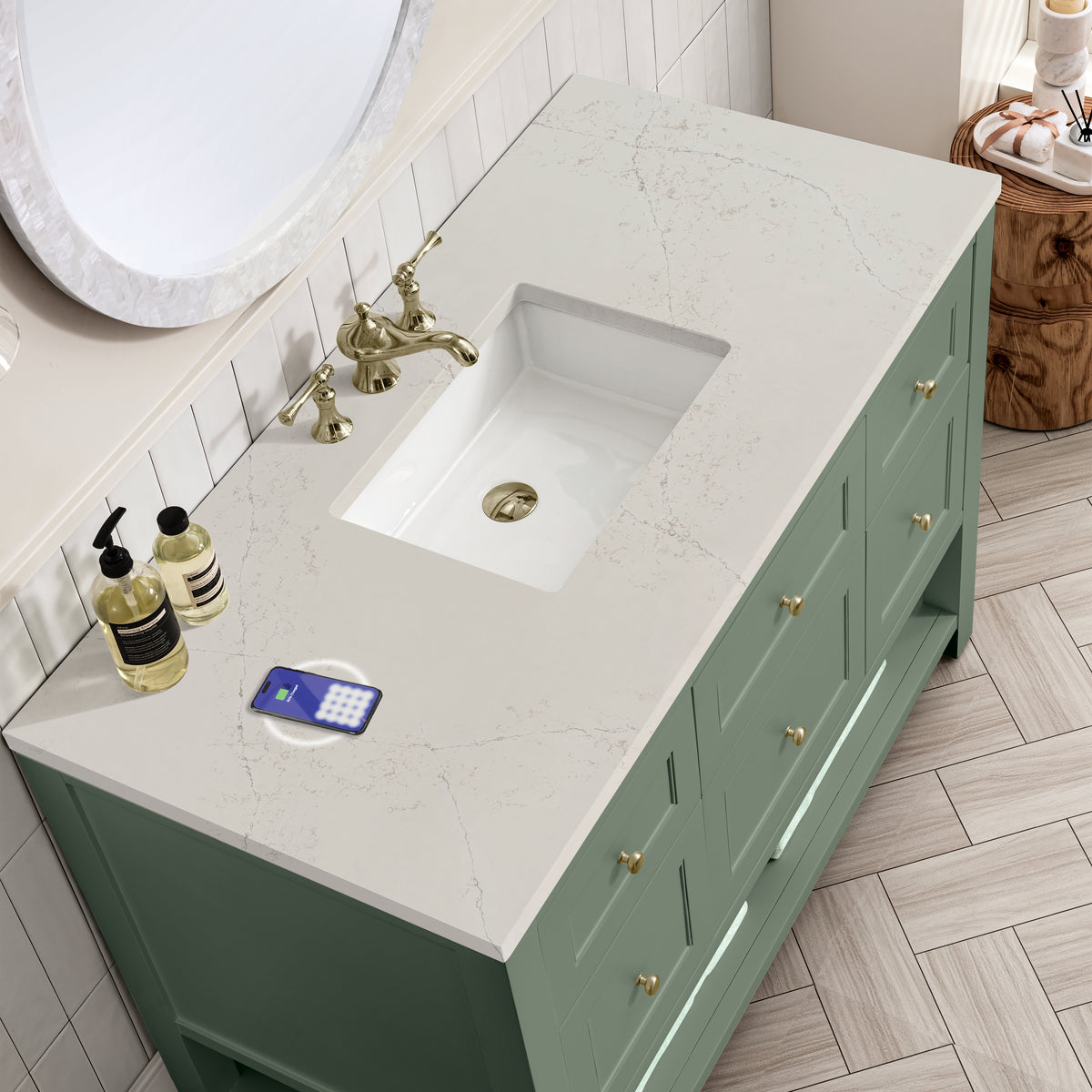 James Martin Vanities Breckenridge 48" Smokey Celadon Single Vanity With 3cm Siberian Silestone Top and FreePower Wireless Charger