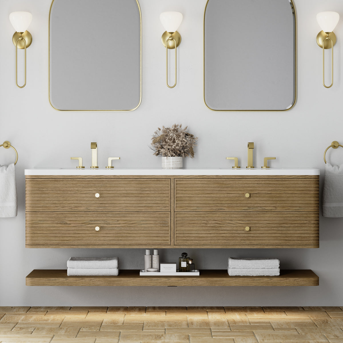 James Martin Vanities Allamari 72" Dune Mist Double Vanity With 3 CM White Zeus Silestone Top