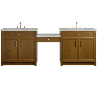 James Martin Vanities Bellshire 96" Honey Oak Dual Vanity Set With 3 cm Victorian Silver Silestone Top and 24" Make-Up Counter