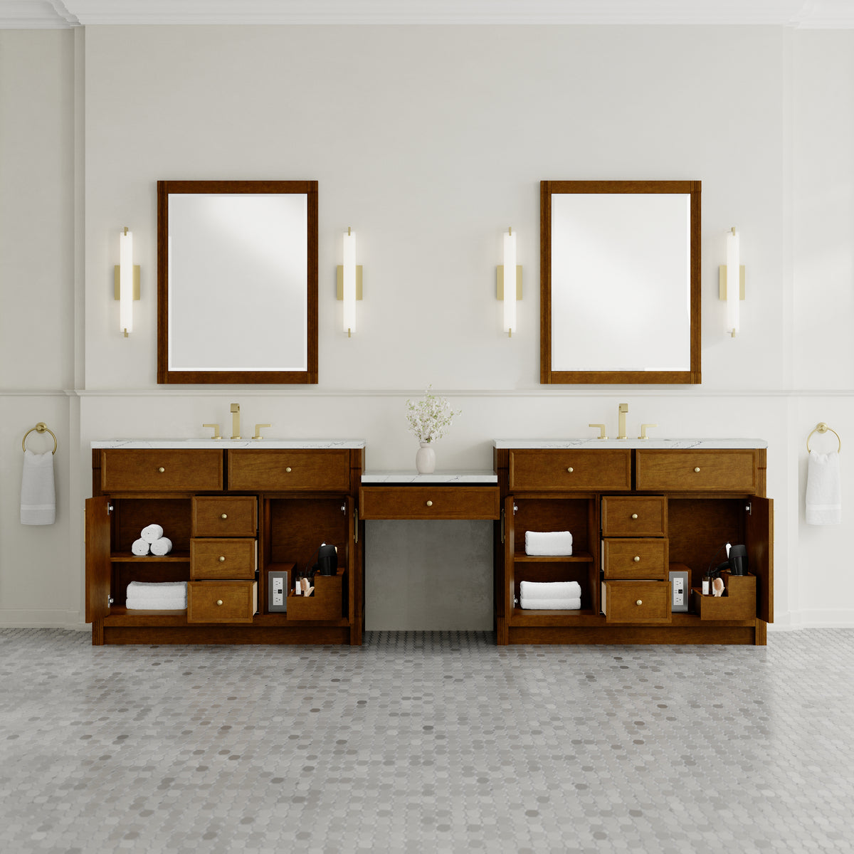 James Martin Vanities Bellshire 120" Honey Oak Dual Vanity Set With 3 cm Ethereal Noctis Silestone Top, FreePower Wireless Charger and 24" Make-Up Counter