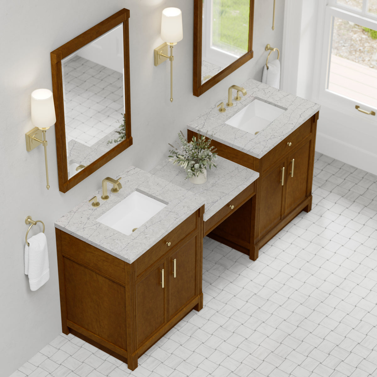 James Martin Vanities Bellshire 84" Honey Oak Dual Vanity Set With 3 cm Eternal Jasmine Pearl Silestone Top and 24" Make-Up Counter