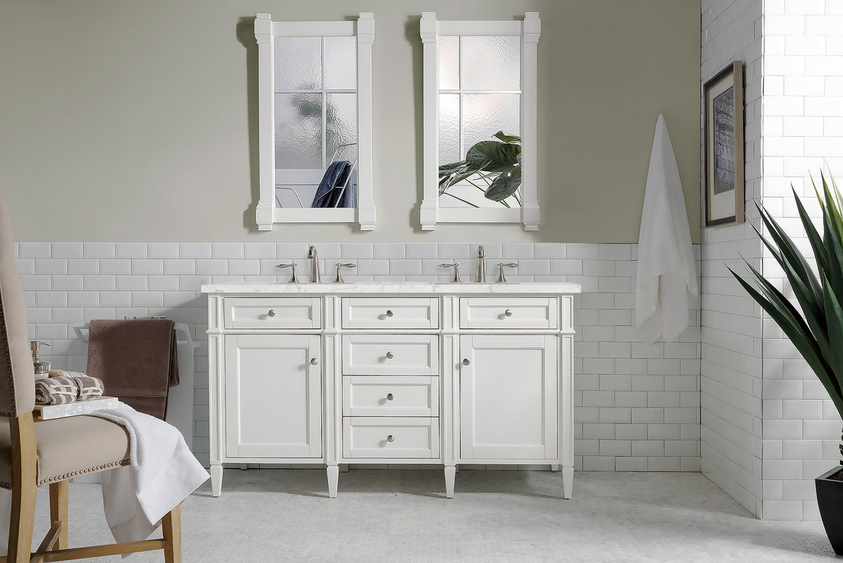 James Martin Vanities Brittany 60" Bright White Vanity Double Vanity With 3 CM Eternal Jasmine Pearl Silestone Top and FreePower Wireless Charger