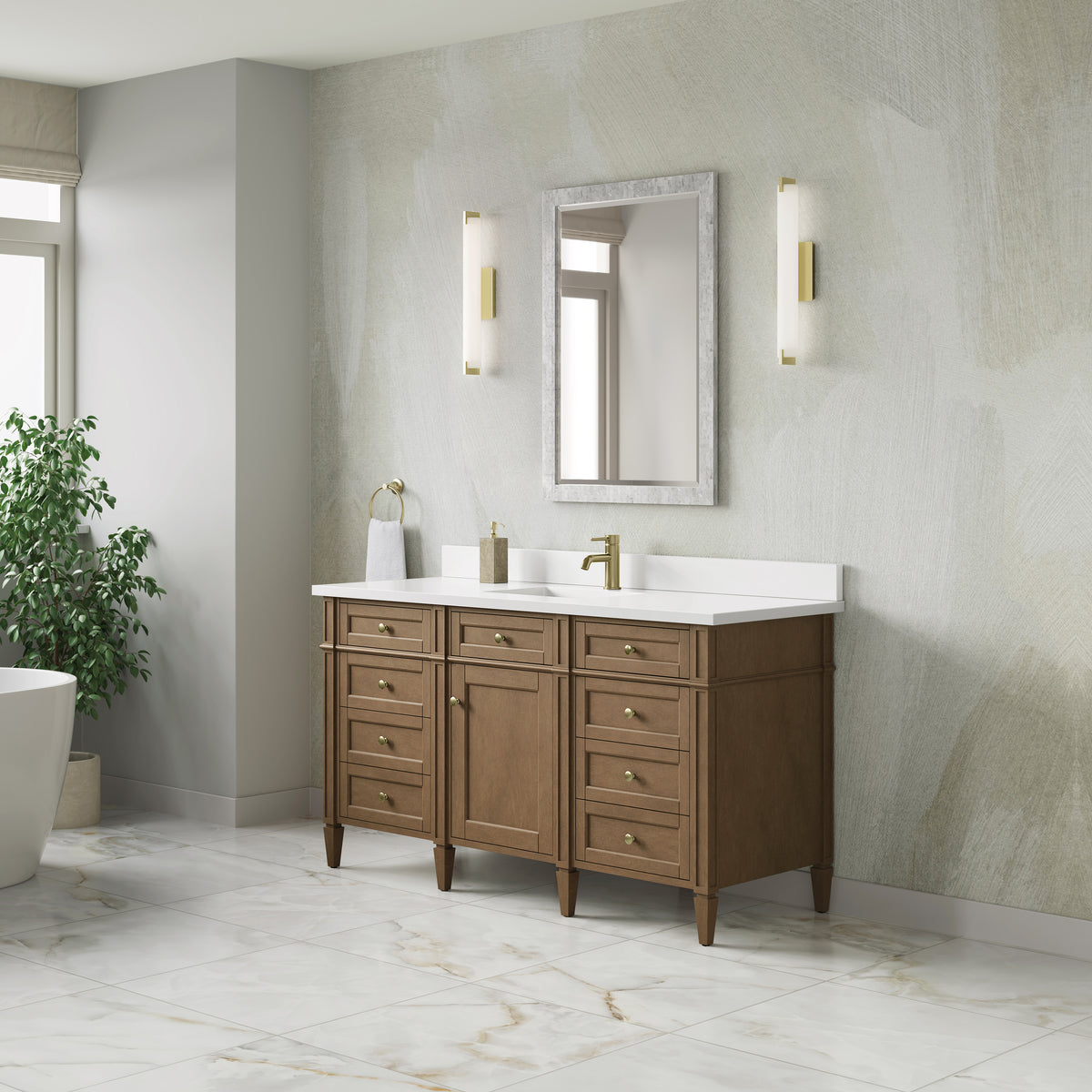 James Martin Vanities Brittany 60" Pecan Single Vanity With Single Hole 3 CM White Zeus Silestone Top and Matching Backsplash