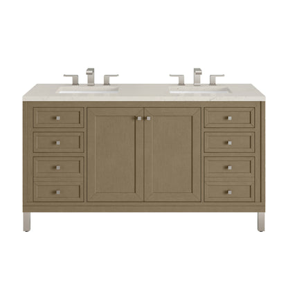 James Martin Vanities Chicago 60" Walnut Whisper Double Vanity With 3 CM Siberian Silestone Top and FreePower Wireless Charger