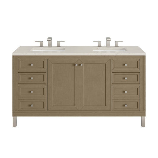 James Martin Vanities Chicago 60" Walnut Whisper Double Vanity With 3 CM Siberian Silestone Top and FreePower Wireless Charger