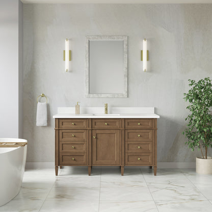 James Martin Vanities Brittany 60" Pecan Single Vanity With Single Hole 3 CM White Zeus Silestone Top and Matching Backsplash