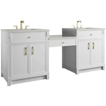 James Martin Vanities Bellshire 84" Bright White Dual Vanity Set With 3 cm Lime Delight Silestone Top and 24" Make-Up Counter