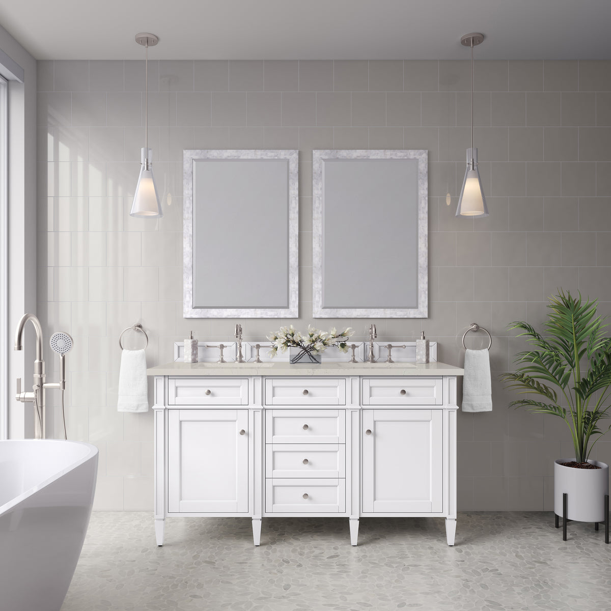 James Martin Vanities Brittany 60" Bright White Double Vanity With 3 CM Siberian Silestone Top and FreePower Wireless Charger