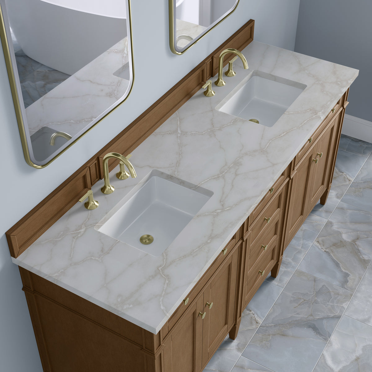 James Martin Vanities Brittany 72" Pecan Double Vanity With 3 CM Victorian Silver Silestone Top