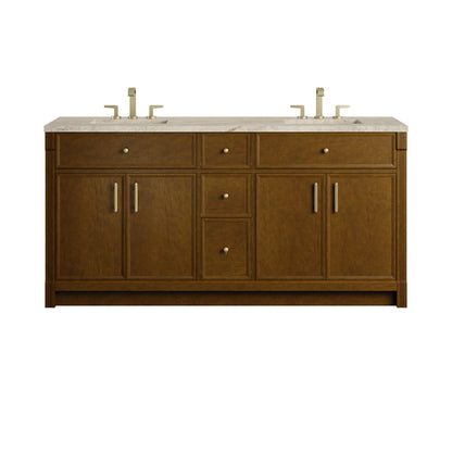 James Martin Vanities Bellshire 72" Honey Oak Double Vanity With 3 CM Tajnar Eclos Top
