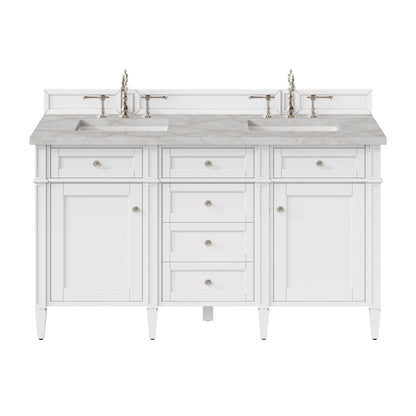 James Martin Vanities Brittany 60" Bright White Vanity Double Vanity With 3 CM Victorian Silver Silestone Top and FreePower Wireless Charger
