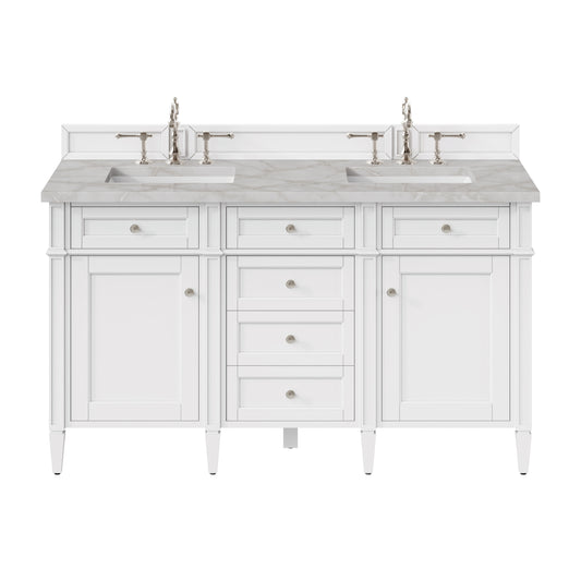 James Martin Vanities Brittany 60" Bright White Vanity Double Vanity With 3 CM Victorian Silver Silestone Top and FreePower Wireless Charger