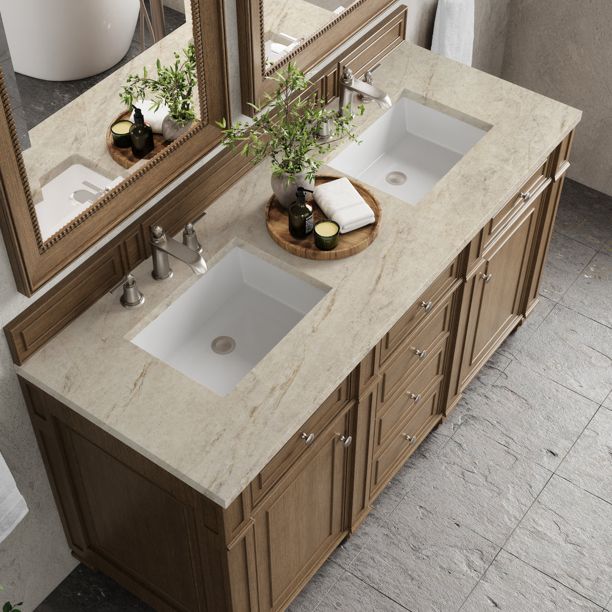 James Martin Vanities Bristol 60" Saddle Brown Double Vanity With 3 CM Tajnar Eclos Top