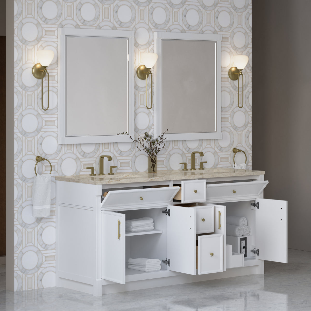 James Martin Vanities Bellshire 72" Bright White Double Vanity With 3 CM Tajnar Eclos Top and FreePower Wireless Charger