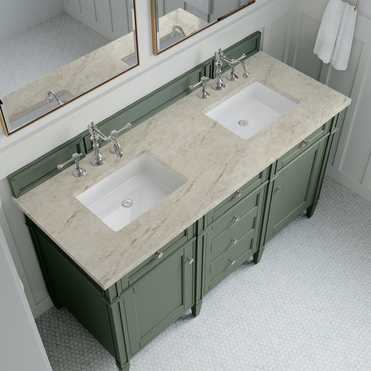 James Martin Vanities Brittany 60" Smokey Celadon Double Vanity With 3 CM Tajnar Eclos Top