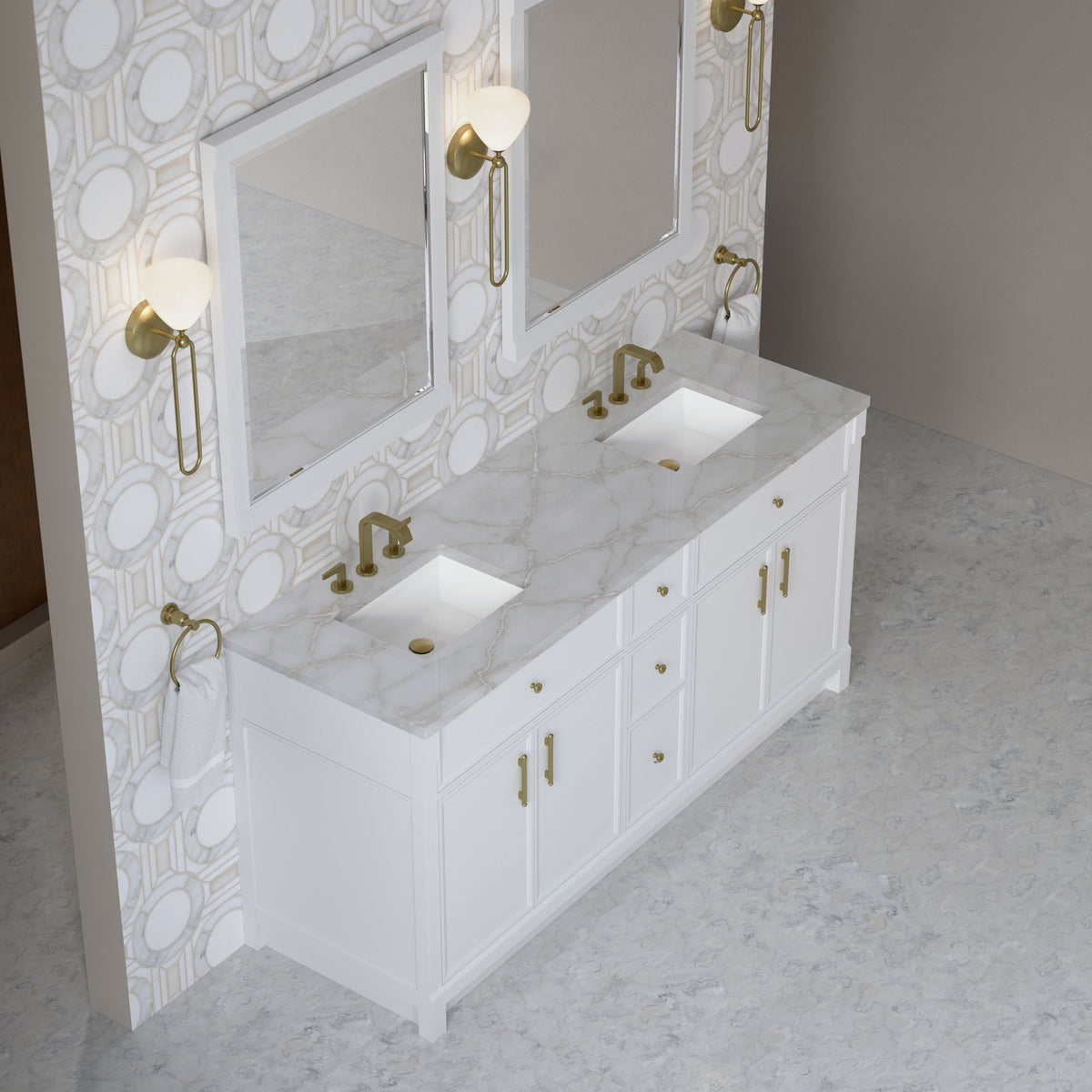 James Martin Vanities Bellshire 72" Bright White Double Vanity With 3 CM Victorian Silver Silestone Top