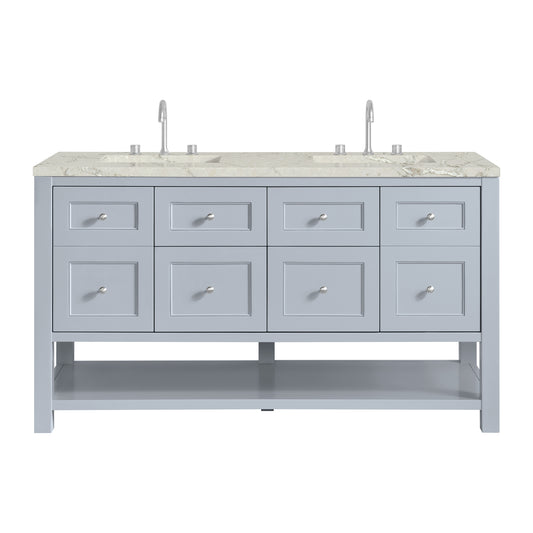 James Martin Vanities Breckenridge 60" Serenity Blue Double Vanity With 3cm Victorian Silver Quartz Top and FreePower Wireless Charger