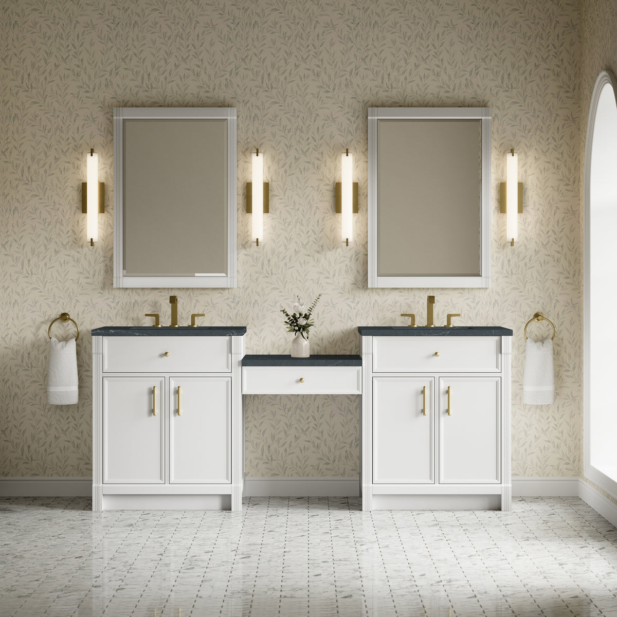 James Martin Vanities Bellshire 84" Bright White Dual Vanity Set With 3 cm Charcoal Soapstone Silestone Top and 24" Make-Up Counter